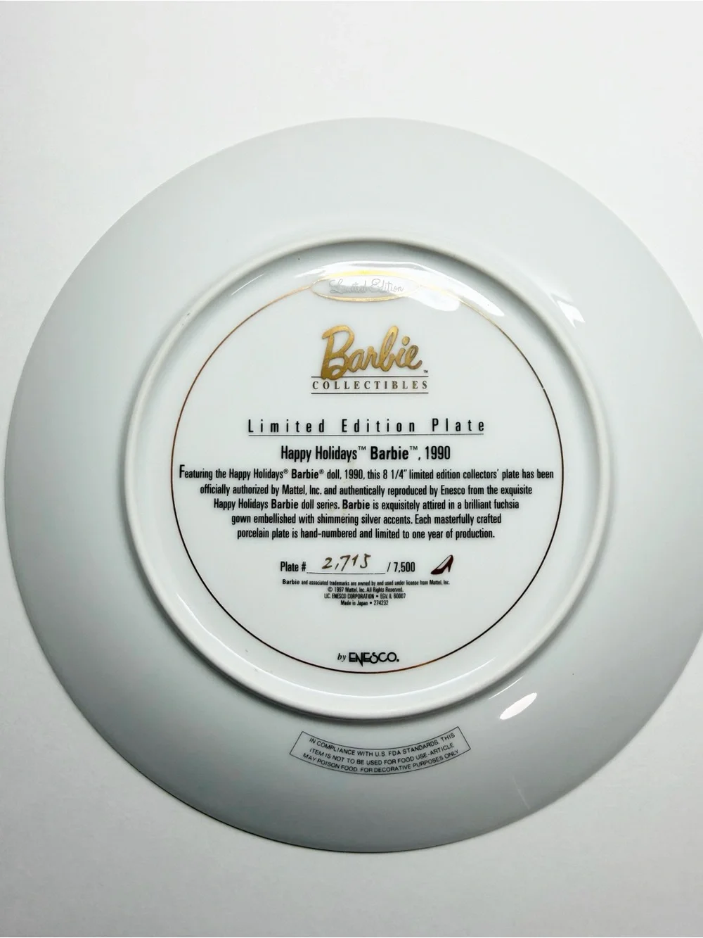 Vintage 1990 Holiday Barbie Collector Plate